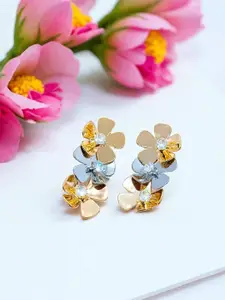 AVANT-GARDE PARIS Stainless Steel Silver Plated CZ Studded Floral Shaped Drop Earrings