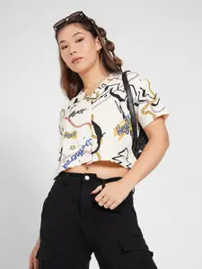 People Printed Lapel Collar Shirt Style Crop Top