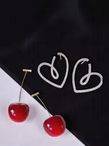 KRENOZ Set Of 2 Silver-Plated Stones Studded & Beaded Heart Shaped Drop earrings