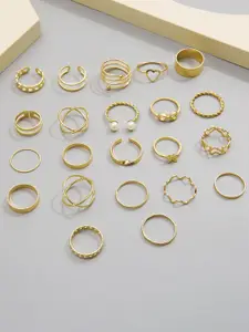 Shining Diva Fashion Set Of 22 Gold-Plated Pearl Beaded Finger Ring