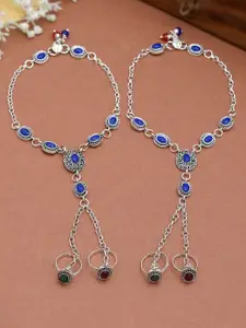 Silvermerc Designs Silver-Plated Stones Studded Anklet with Chained Double Toe Ring