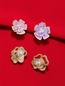 KRENOZ Set Of 2 Gold Plated Pearls Beaded Floral Antique Studs