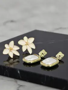 KRENOZ Set Of 2 Gold-Plated Artificial Stones Studded Floral Studs