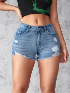 StyleCast Women Washed Slim Fit Mid-Rise Distressed Denim Shorts