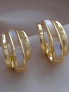 VAGHBHATT Women Gold & White-Tone Textured Dual Line Hoop Earrings Earrings