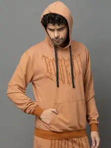 GO DEVIL Men Printed Rust Orange Hooded Sweatshirt