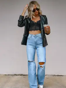 StyleCast Women Wide Leg High-Rise Mildly Distressed Light Fade Stretchable Jeans