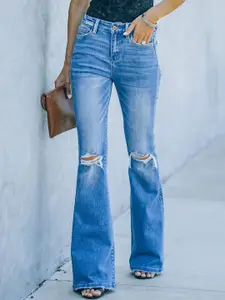 StyleCast Women Flared High-Rise Slash Knee Heavy Fade Stretchable Jeans