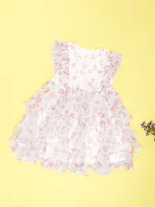 Pantaloons Junior Girls Round Neck Floral Print Ruffles Detail Fit & Flare Dress