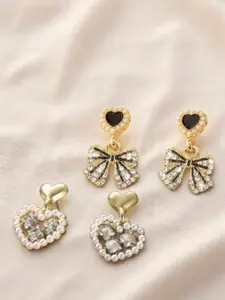 KRENOZ Set Of 2 Gold Plated Stones Studded & Beaded Heart Shaped Antique Drop Earrings