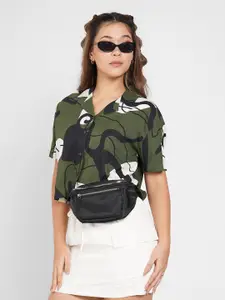 People Women Abstract Printed Lapel Collar Crop Top