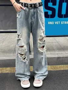 StyleCast x Revolte Men Wide Leg Mid-Rise Distressed Jeans