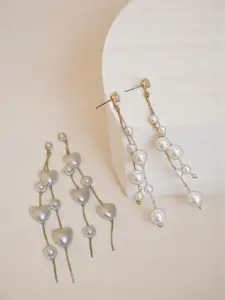 KRENOZ Set Of 2 Gold-Plated Pearls Beaded Heart Shaped Drop Earrings
