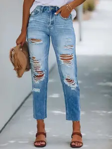 StyleCast Women Straight Fit High-Rise Highly Distressed Heavy Fade Stretchable Jeans