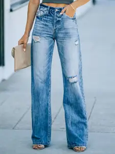 StyleCast Women Straight Fit High-Rise Mildly Distressed Stretchable Cotton Jeans