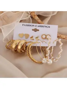 Shining Diva Fashion Set Of 9 Gold-Plated Pearls Beaded Circular Shaped Hoop Earrings