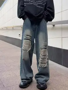 StyleCast x Revolte Men Straight Fit Mid-Rise Highly Distressed Heavy Fade Jeans