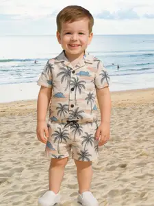 FASHION GRAB Boys Printed Short Sleeves Pure Cotton Shirt With Shorts