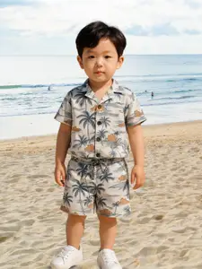 FASHION GRAB Boys Printed Short Sleeves Pure Cotton Shirt With Shorts