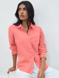 The Souled Store Women Solid Spread Collar Pure Cotton Casual Shirt