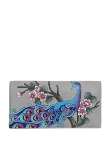 Anuschka Women Peacock Bliss Taupe Hand Painted Two Fold Leather Wallet