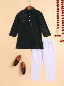 Sangria Boys Sequined Chikankari Embroidered Mandarin Collar Kurta With Trousers Set
