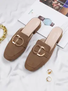 Sherrif Shoes Women Striped Square Toe Block Mules Heels With Buckle Detail