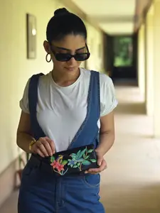 Anuschka Women Bird in Paradise Black Hand Painted Two Fold Leather Wallet