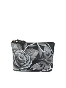 Anuschka Women Roses D'Amour Black Hand Painted Leather Small Coin Wallet