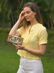 Anuschka Women Elephant Family Tan Hand Painted Two Fold Leather Wallet