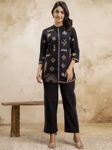 AUTUMN LANE Embroidered Pure Cotton Mandarin Collar Top & Trousers Co-OrdSet