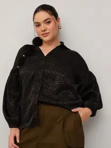 CURVY STREET Plus Size Animal Printed Puff Sleeves Satin Relaxed Fit Casual Shirt