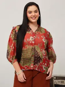 CURVY STREET Plus Size Floral Printed Puff Sleeves Frill Detail Relaxed Fit Casual Shirt