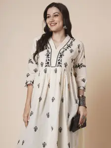 RATAN Floral Embroidered V-Neck Chikankari Pure Cotton A-Line Kurta