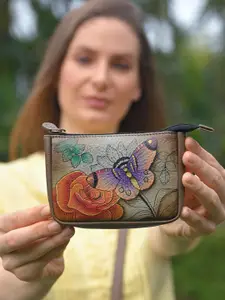Anuschka Women Floral Paradise Tan Hand Painted Leather Coin Wallet