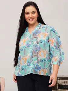 CURVY STREET Plus Size Floral Printed Puff Sleeves Frill Detail Relaxed Fit Casual Shirt