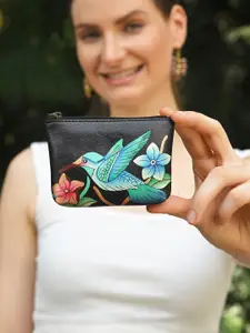 Anuschka Women Bird in Paradise Black Hand Painted Leather Small Coin Wallet
