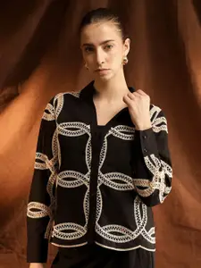 Kazo Augustine Geometric Embroidered Relaxed Fit Semi Sheer Cotton Casual Shirt