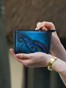 Anuschka Women Denim Paisley Floral Hand Painted Leather Coin Wallet