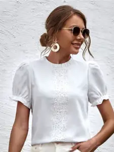 Berrylush Women High Neck Puff Sleeve Lace Inserts Detail Top