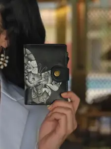 Anuschka Women Butterfly Mosaic Black Hand Painted Leather Wallet