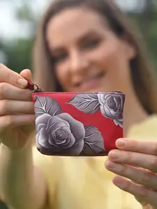 Anuschka Women Romantic Rose Red Hand Painted Leather Small Coin Wallet