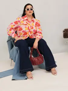 CURVY STREET Plus Size Floral Printed Puff Sleeves Frill Detail Relaxed Fit Casual Shirt