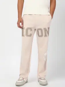 Bewakoof Men Ecru Melange Icon Graphic Printed Oversized Track Pants