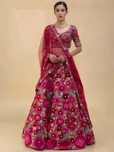 ODETTE Embroidered Thread Work Semi-Stitched Lehenga & Unstitched Blouse With Dupatta