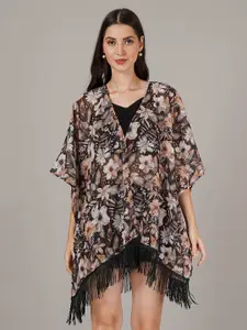 ARV TRENDS Floral Printed V-Neck Open Front Georgette Shrug