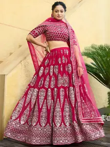 ODETTE Embroidered Mirror Work Semi-Stitched Lehenga & Unstitched Blouse With Dupatta