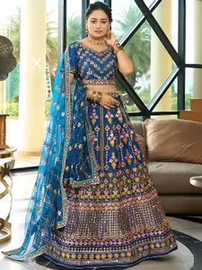 ODETTE Embroidered Mirror Work Semi-Stitched Lehenga & Unstitched Blouse With Dupatta