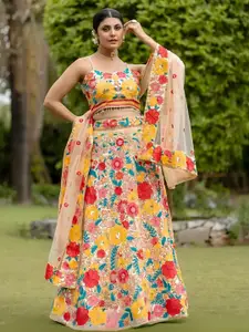 ODETTE Embellished Thread Work Semi-Stitched Lehenga & Unstitched Blouse With Dupatta