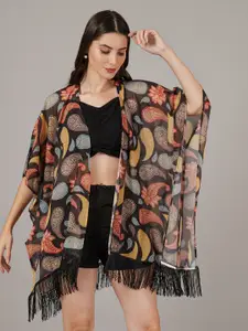 ARV TRENDS Printed Waterfall V-Neck Short Sleeves Kimono Shrug